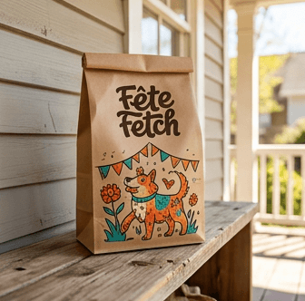 Fête Fetch Kraft toy bag with hand-illustrated festival dog design on a sunny porch shelf. mockup
