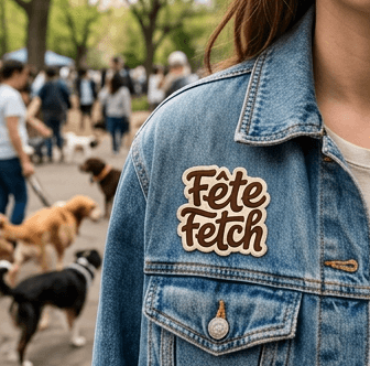 Fête Fetch Embroidered patch sewn onto a dog owner's denim jacket at the park. mockup