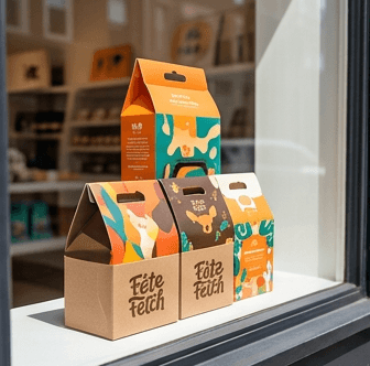 Fête Fetch Folding carton packaging stacked in a bright pet boutique window display. mockup