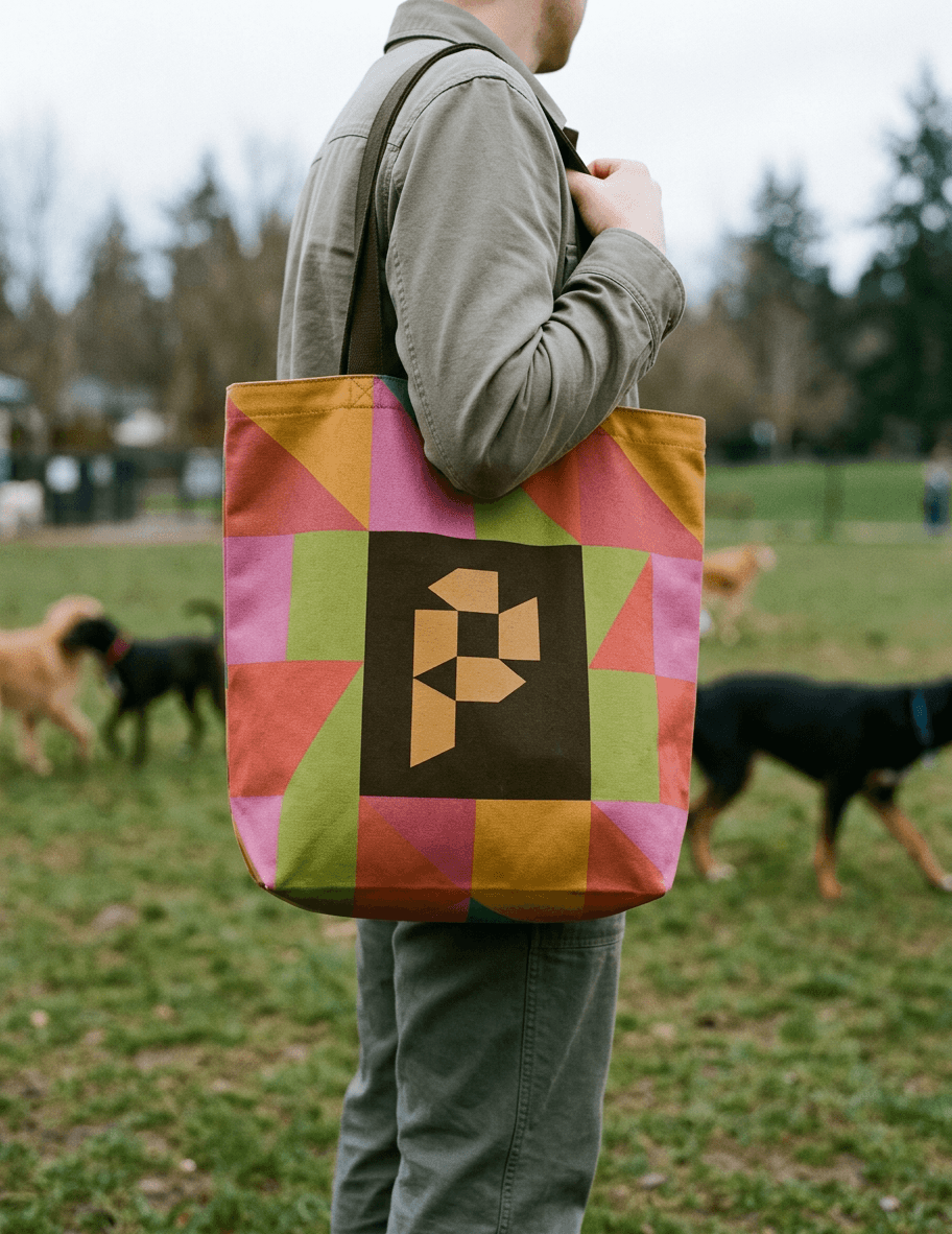 Plane Geometric patterned tote bag slung over a shoulder at a dog park. mockup