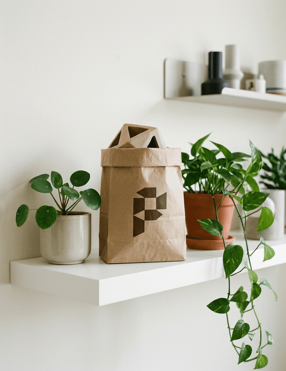 Plane Kraft dog toy bag on a minimalist white shelf with houseplants. mockup